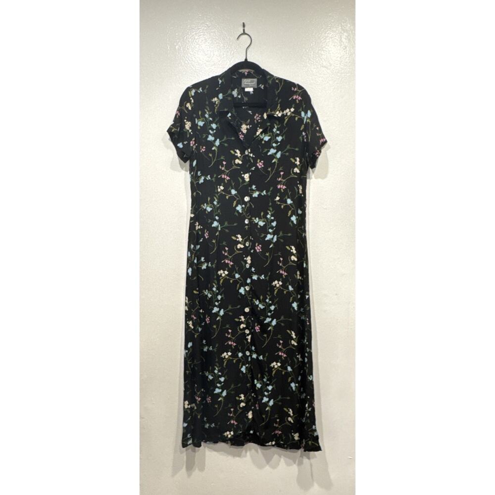 Vintage CAROL ANDERSON 90s Floral Short Sleeve‎ Button Down Maxi Dress Tie Back